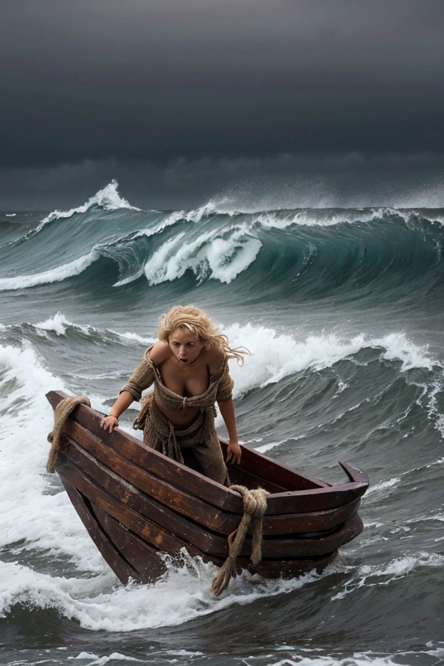 masterpiece,a beautiful blonde  shipwrecked woman in ragged clothes lays clinging to a makeshift Kon Tiki raft in the midst of a stormy sea,scared expression,big waves,rain,wind,realistic,cinematic