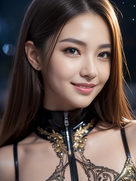 Vampyfangs1, (RAW photo, best quality, masterpiece, ultra-detailed, high res), (realistic),(extremely delicate and beautiful:1), mesmerizing woman with long hair in sleek high ponytail , (((wearing glossy silver and gold lined cloak fastened at the neck :1.20))), crop top and hotpants , nighttime , detailed features, smiling expression of feelings, imaginative, highly detailed, extremely high-resolution details, photographic, realism pushed to extreme, fine texture, 4k, ultra-detailed, high quality, high contrast, full body shot