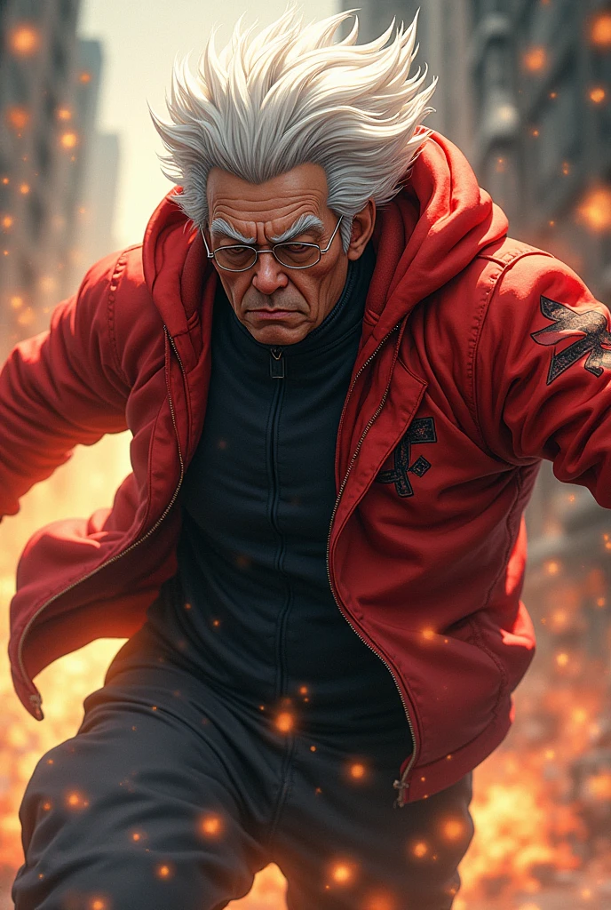 Generate an action filed picture of ken takakura DANDADAN in turbo granny form wearing tg hoodie