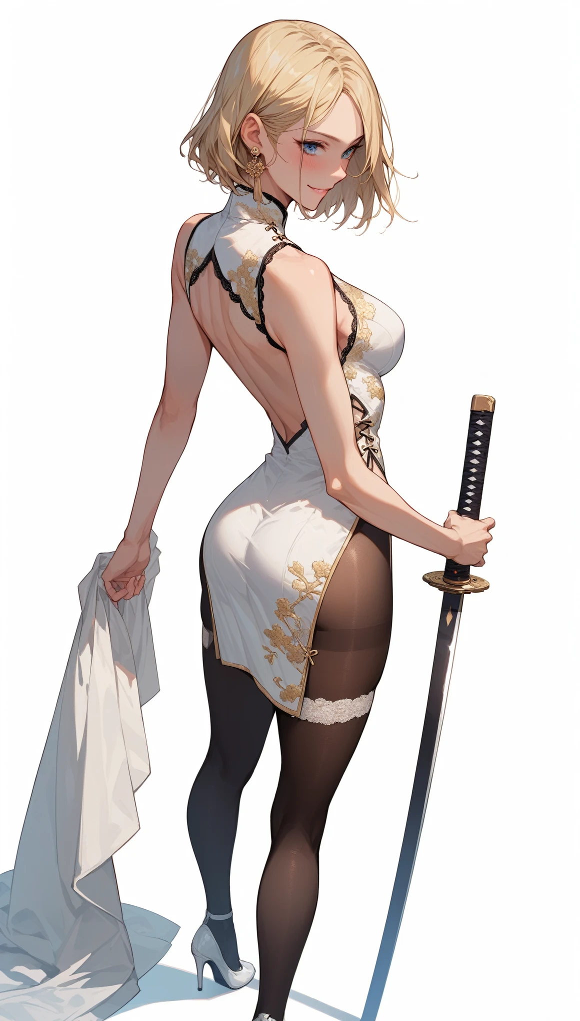 score_9, score_8_up, score_7_up, score_6_up, 1girl, (score_9, score_8_up:1.1), score_7_up, 
medium blonde hair, straight hair, parted hair, Blue eyes, pale skin,  back view, White lace cheongsam, （Gold thread embroidered black silk tights 1.2)，White garter belt，Lace-up high heels，shoes focus，(Shortening perspective:1.5) earrings, detailed Digital Universe background, training with a katana,(dynamic pose:1.5), standing up, side angle view, blush smile, 