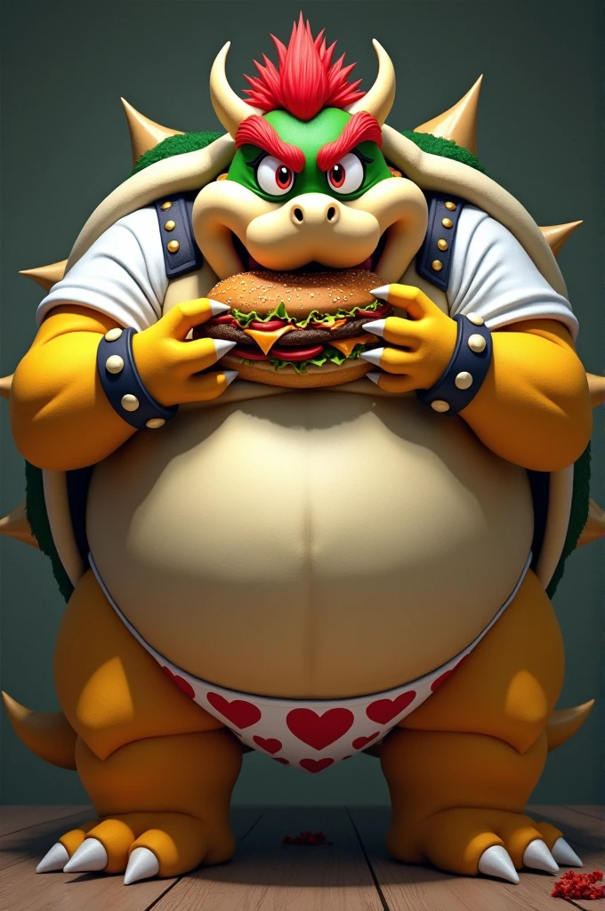 Bowser from Super Mario, morbidly obese, huge round belly, huge moobs, eat a burger, sad expression, white short sleeves t-shirt, extremely fat, heart underpants