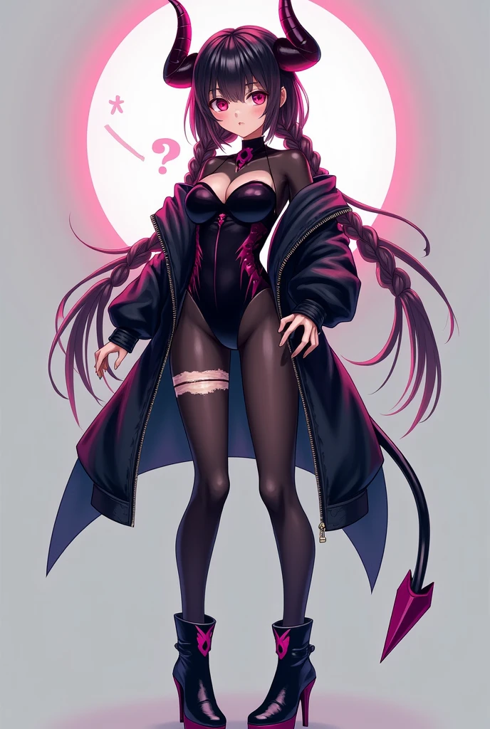Character sheet for a short anime girl. A succubus with short horns that are the same color as her light-medium skin. Has long hair that are in intricate braided, low pigtails. Dressed in a black, shiny rave cyber rave outfit with reflective material as accents. Black, sheer, and slightly torn tights with high heel boots. Has a why expression.