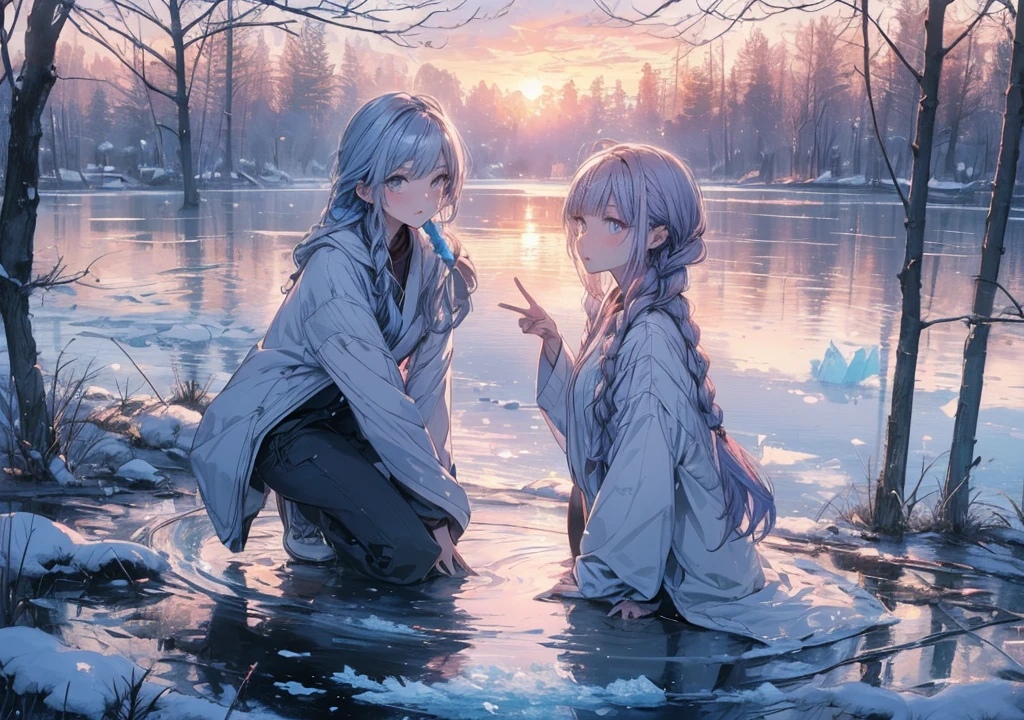 (masterpiece,Highest quality,High resolution,Super fine,Ultra high definition,High-resolution model,accurate,Complex,High detail,Very detailed,Winner of numerous awards,Anatomically correct,Photorealistic,Official Art,Impressionism,HD,8k:1.5),(A Wizard Girl,solo,Ideal body proportions,Frozen Lake Background,Crouching girl:1.3),Detailed magic circle,Beautiful lake,Hair blowing in the wind,A magical winter atmosphere,Natural light,Light dispersion,High Quality Shadows,Shadows cast on face and surroundings,Unfocused gaze,(Glowing Skin,Textured skin,Detailed face,Delicate expression,Very detailed虹彩のある紫色のグラデーションの目,Highlight Eyes,shiny lilac hair,Long Straight Hair,Braided bangs,Very detailed白と青色を貴重とした金属製の髪飾り:1.2),(Very detailed控えめな魔法使いの法衣,Very detailedFrozen Lake Background:1.4),sunset,Soft Light,(Gentle shades of white, yellow and pink,Colorful colors:1.2),sharp lines,Detailed depiction,Very detailed背景,Halo,reflected light,Background blur,Wide angle,Shooting from a high position,Three-part method,