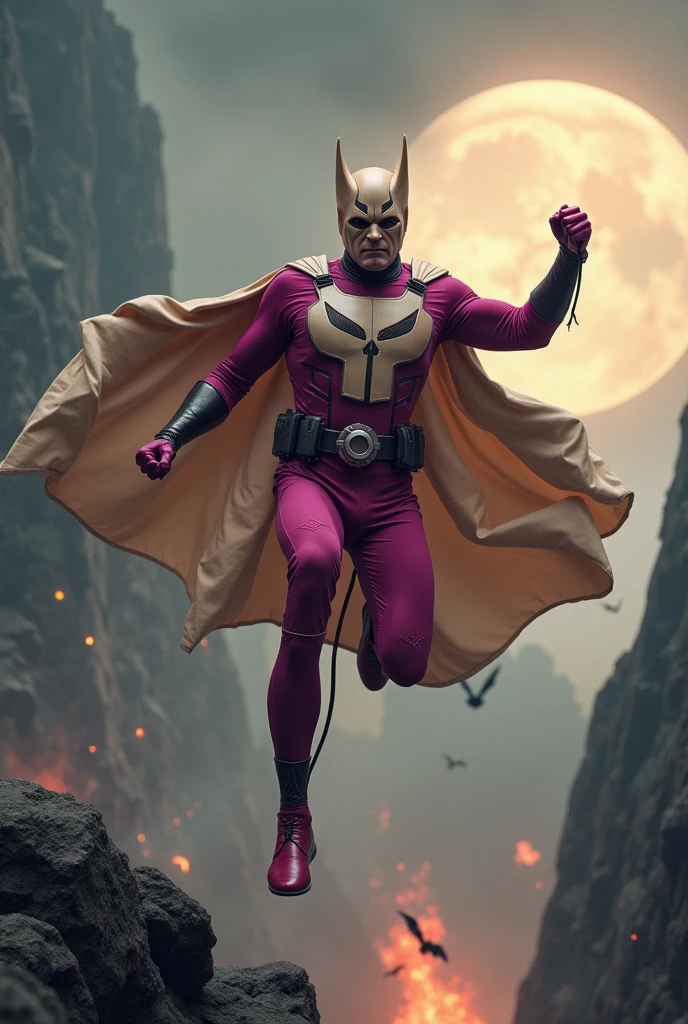 Malaysia man in high-tech suit, vivid effects, malaysian superhero (KELUANG MAN) in a striking pink and beige costume cyberpunk design, mask small mini bat ear beige, daredevil beige mask, jumpsuit dark pink stands confidently in a dramatic.jumping from high place.hero costume.one hand rise up. Big triangle logo on the chest((open cape, beige cape)).high detail Punisher logo on the chest. Fighting pose , stormy landscape. ((Head covered node guard like batman. Running pose , athletic body type, small mini ear bat mask))The character wears domino mask a helmet with pointed mini torn ears and a flowing cape biege, open nose and mouth. Equipped with visible futuristic weapons on a belt,bullet proof jacket pink dark day.show fingers pose, dark night, big supermoon effect . Small logo on chest triangle shape small punisher logo center(( skull triangle Casey Jones mask shape logo)) center on chest pink logo mini logo . rocky. Building top.smoke ground , hand fired with gun , bomb effect background, losse pants, losses costume.adding to --ar 3:4 --style raw --stylize 500 --v 6.1. chaos. Lot of small flying bat. One leg on the high stone. Man, exoskeleton wing hologram. Wear hologram watch.. Real man age 40 year old. One hand holding belt.one hand holding black rope hanging on building. Big pant pink. Beige cape joodie.(( Loose pant)) , jump on high building)marvel , X-Men((. Hand holding two gun.)