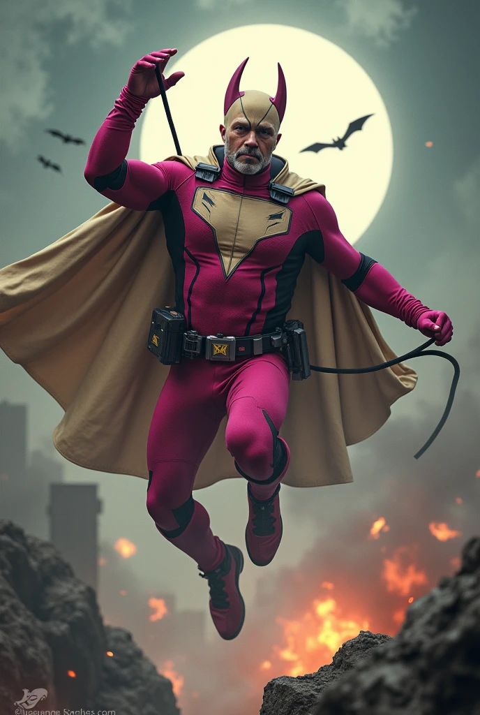 Malaysia man in high-tech suit, vivid effects, malaysian superhero (KELUANG MAN) in a striking pink and beige costume cyberpunk design, mask small mini bat ear beige, daredevil beige mask, jumpsuit dark pink stands confidently in a dramatic.jumping from high place.hero costume.one hand rise up. Big triangle logo on the chest((open cape, beige cape)).high detail Punisher logo on the chest. Fighting pose , stormy landscape. ((Head covered node guard like batman. Running pose , athletic body type, small mini ear bat mask))The character wears domino mask a helmet with pointed mini torn ears and a flowing cape biege, open nose and mouth. Equipped with visible futuristic weapons on a belt,bullet proof jacket pink dark day.show fingers pose, dark night, big supermoon effect . Small logo on chest triangle shape small punisher logo center(( skull triangle Casey Jones mask shape logo)) center on chest pink logo mini logo . rocky. Building top.smoke ground , hand fired with gun , bomb effect background, losse pants, losses costume.adding to --ar 3:4 --style raw --stylize 500 --v 6.1. chaos. Lot of small flying bat. One leg on the high stone. Man, exoskeleton wing hologram. Wear hologram watch.. Real man age 40 year old. One hand holding belt.one hand holding black rope hanging on building. Big pant pink. Beige cape joodie.(( Loose pant)) , jump on high building)marvel , X-Men((. Hand holding two gun.)