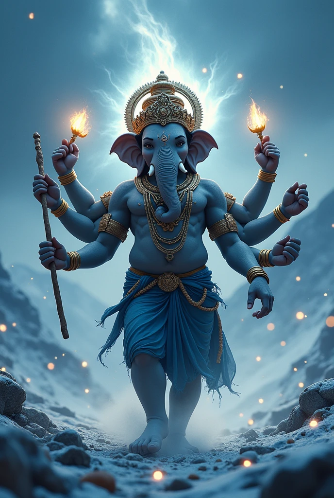 Cool cinematic animated character art, shillouete of Lord ganesh walking in Himalayas, blue dhoti, strong arms, body covered in ash, wearing detailed golden crown and armbands, multiple hands, divine light in background, holding a stick, strong snow Blizzard , night sky background, night, glowing fireflies in atmosphere, darkness in atmosphere, colour graded, vibrant, 4khd