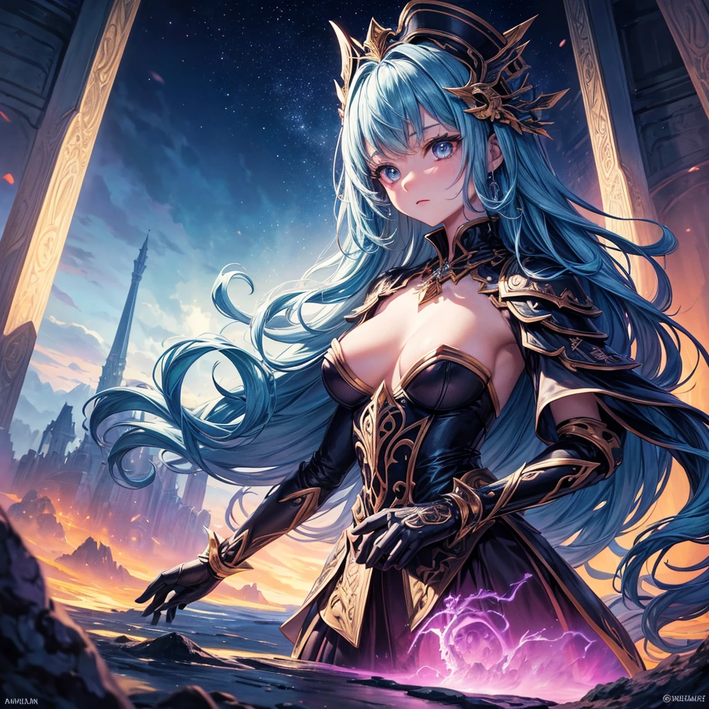 NSFW, ((masterpiece, best quality, extremely detailed, absurdres)),1girl,cute,Create a highly detailed, kawaii anime-style illustration featuring a young girl lost in a vast, exotic fantasy world. She stands at the center of the scene, surrounded by floating, surreal geometric objects, glowing mystical symbols, and otherworldly landscapes. The atmosphere is mysterious and dangerous, filled with rich colors, deep shadows, and fantastical creatures lurking in the background. Her expression should reflect both awe and determination as she embarks on her adventure through this new, unknown land. Incorporate elements of dramatic lighting with intricate details in the surrounding objects and scenery, emphasizing a sense of depth and wonder. The overall tone should be both magical and foreboding, with a sense of impending adventure and danger awaiting her. Include flowing capes, detailed textures on clothing, and use of rich, bold colors to enhance the epic feeling of the artwork.