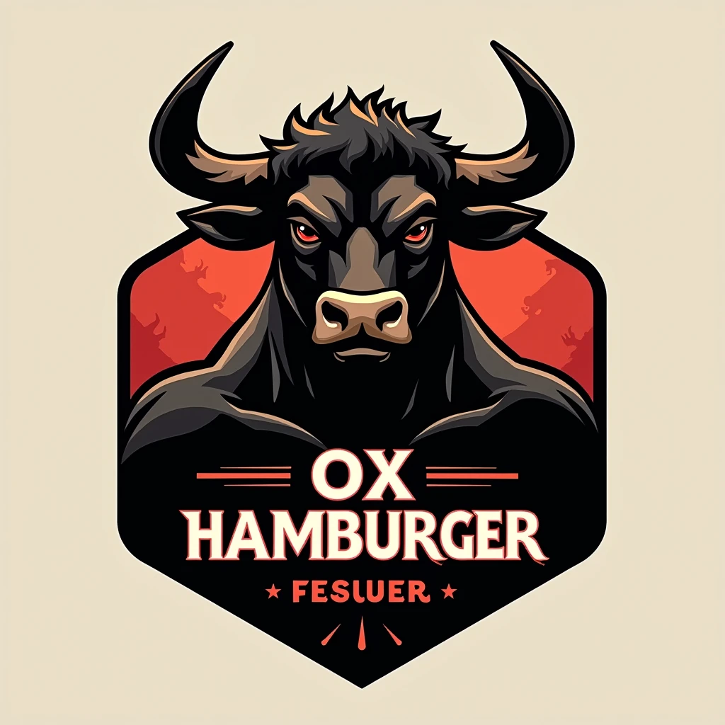 A logo, for a fast food chain, who works with hamburgers, your mascot is an ox, the primary colors are black and red






