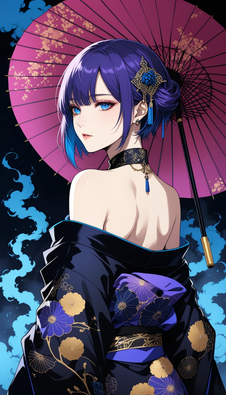 (Harry Clark (Harry Clarke) style:1.1),圣地亚哥·卡鲁索style,
1 Girl,Blue short hair,Gorgeous oil-paper umbrella,Deep purple pupils glow,No rain,Eye-to-eye,smokes,smooth Back,only shoulders,only_Back,A black noble kimono,Show your shoulders,
(Neon blue smoke:1.5),absolute dark,Black Art,(From the back:1.2),Portrait close-up,dark,深蓝色的色调在dark中,Backlight,Low light,Create a quiet and cold atmosphere
