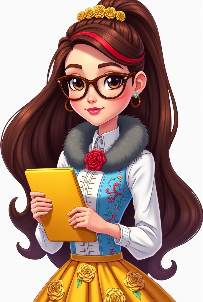 Imagem da filha da Ramona Badwof e da Rosabella Beauty de Ever After High: Long wavy brown ponytail with red streaked bangs, first of all, light brown eyes, brown glasses with a red rose, white blouse with blue, with roses on the blouse and sleeves and a wolf drawn, yellow skirt with golden roses, a faux fur collar around the neck of gray color, golden flower tiara on head, You have to be holding a yellow tablet with red roses in your hands, You have to have red highlights in your hair