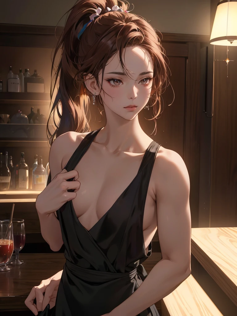 ultra wide angle,a bar scene,a female bartender,a few patrons,seems like a slow day,moody lighting,cinematic,(best quality,4K,8k,highres,masterpiece:1.2),ultra-detailed,(realistic,photorealistic,photo-realistic:1.37),portrait photography,vibrant colors,dark color tones,foggy atmosphere1 girl, Solo, shill, brown hair, hair accessories, shut your mouth, earring, backlit, ponytail, chest, Dark eyes that are multi-colored, Stiff expression, Rounded corners, Canon, Full character design, Twinkling light, Fair Light, backlit, illustration, Anime, สไตล์Anime, manhwa