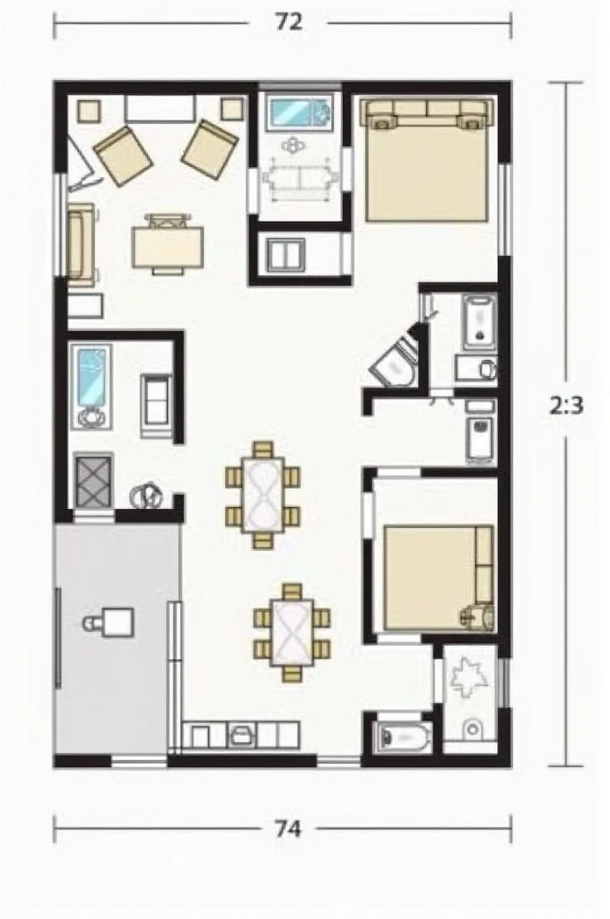 Crate floor plan with 72m^2 floor area with 2 bedrooms, dining room, kitchen, living room, bathroom, and laundry toom