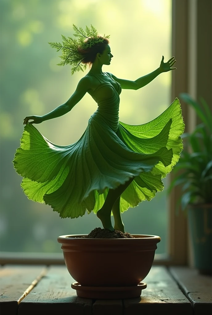 "A graceful, human-like tree shaped as a queen, swaying gently in a plant pot. The leaf moves in slow motion, its edges flowing like a delicate gown. The midrib forms a crown, while the intricate vein patterns suggest a serene face. The camera follows the leaf's elegant dance, capturing every subtle movement and the full length of its body, as it twirls and bends with a fluid, almost magical rhythm. Soft light illuminates the scene, highlighting the leaf's texture and creating a dreamy, cinematic atmosphere as it dances in its natural throne."