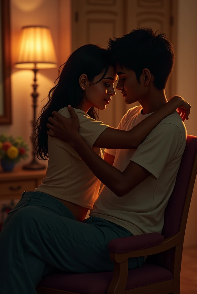 Indian women wearing tshirt and slacks, seating in lap of teenage indian boy, the boys is seating on small chair, hold that woman from behind and hugged her from behind, at night, at house