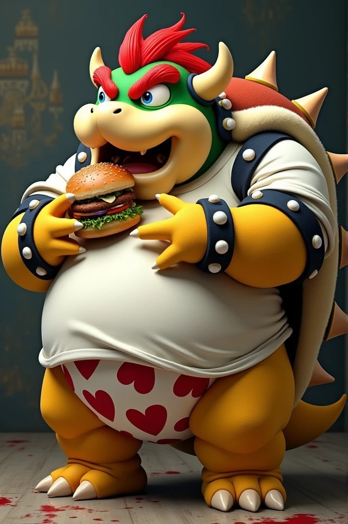 Bowser from Super Mario, morbidly obese, huge round belly, huge moobs, eat a burger, sad expression, white short sleeves t-shirt, extremely fat, heart underpants