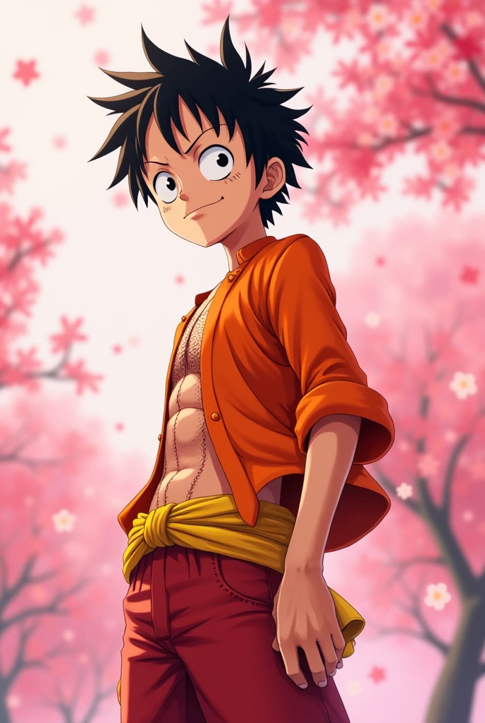 Monkey D. Luffy, Look to the left, Orange clothes, Cherry Blossom Background,Pink background,Exaggerated actions