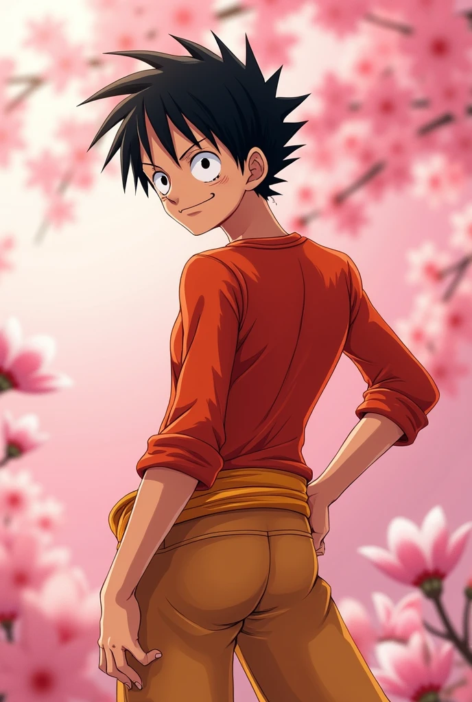 Monkey D. Luffy， Look to the left, Orange clothes, Cherry Blossom Background，Pink background，Exaggerated actions