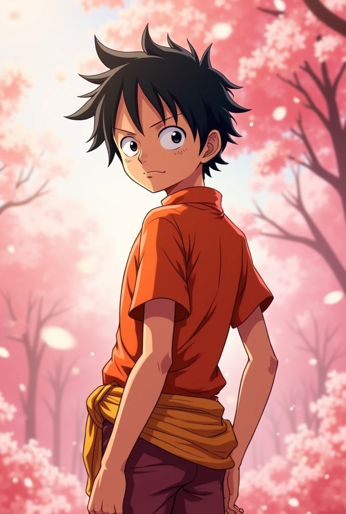 Monkey D. Luffy， Look to the left, Orange clothes, Cherry Blossom Background，Pink background，Exaggerated actions