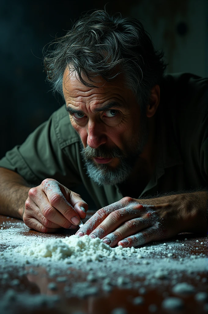 A guy snorting cocaine with bloody hand