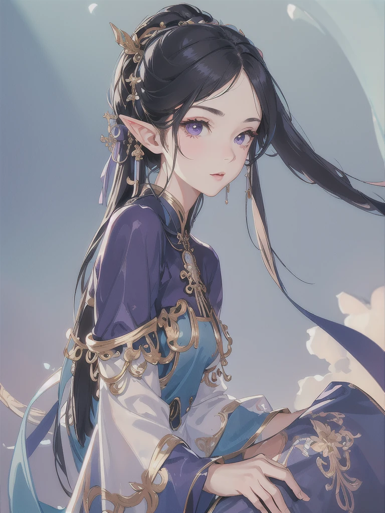 masterpiece, best quality, 1girl, ultra detailed, ultra high resolution, (full bodyesbian:1.3), well-definded facial features, cute girl, detailed, long pointy ears, elf, nice face,black hair, puple eyes,