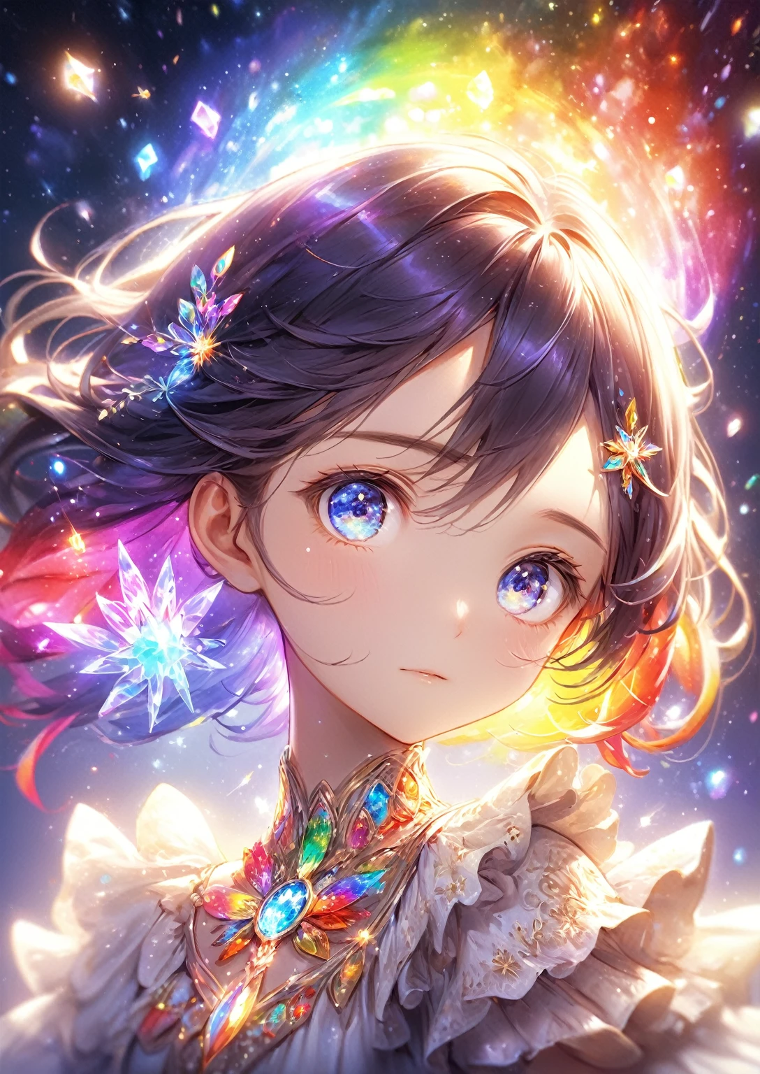 masterpiece, Awesome girl, cute, bust, Eye for detail, Perfect Eyes, Portraiture, A face with attention to detail, Same eyes, Glare, Rainbow colors, Global Illumination, Soft Light, Dream Light, Digital Painting, 8kクローズアップ, Fantasy, Night Sky, performer, nebula, White Crystal, moonlight, Tranquility, summer, (8k:1.1)
