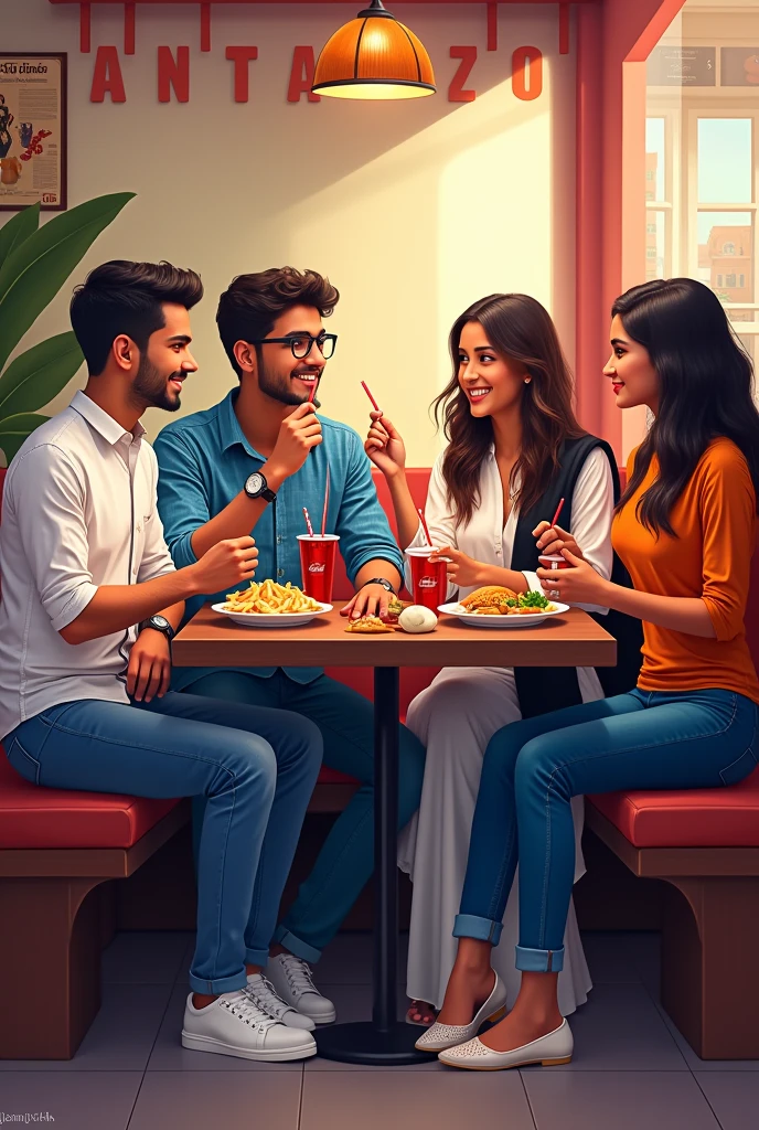 One young man is wearing a white printed shirt, jeans, smart watch and white shoes and another young man is wearing a blue checked shirt, jeans and specs, whereas a young woman is wearing a white Indian suit, black pallu, white shoes and specs and the other young woman is wearing a carrot colour top and jeans, all four people are sitting in a restaurant and eating momos, French fries and Coca Cola.
