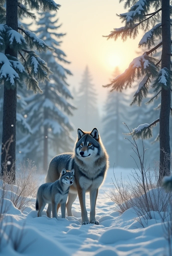 Ultra-realism、masterpiece、Highest quality、Film Grain、RAW Photos、Nice views、wallpaper、Frozen morning landscape、Fresh Snow、Wolf parent and child、In the tundra forest、Sun Pillar