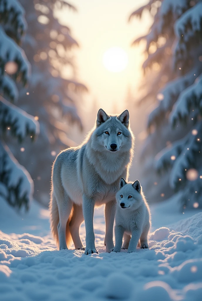 Ultra-realism、masterpiece、Highest quality、Film Grain、RAW Photos、Nice views、wallpaper、Frozen morning landscape、Fresh Snow、Wolf parent and child、In the tundra forest、Sun Pillar