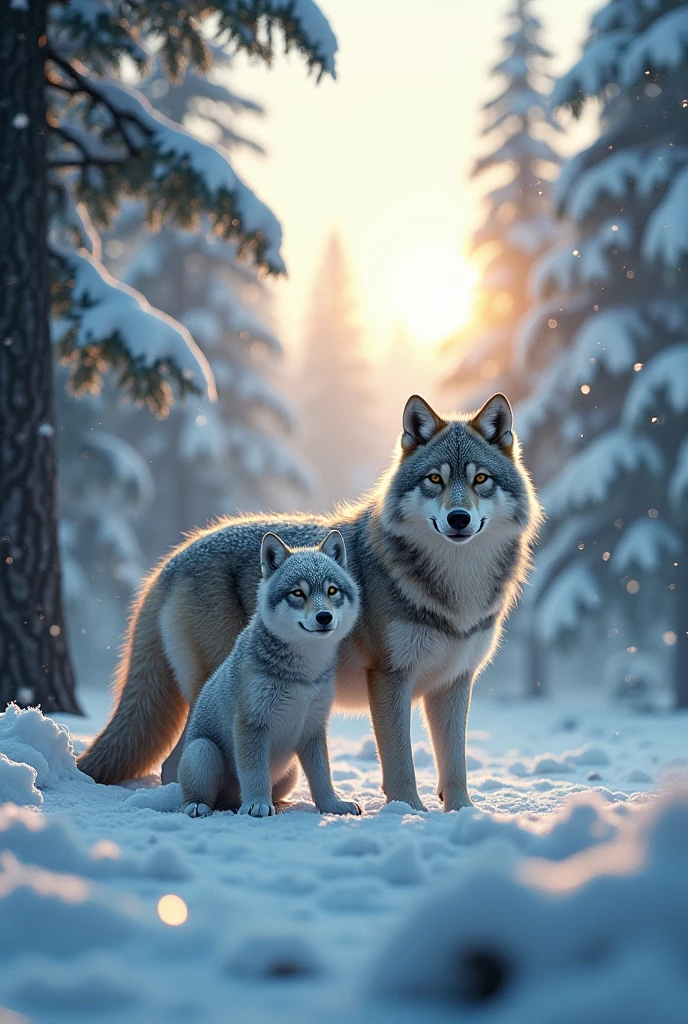 Ultra-realism、masterpiece、Highest quality、Film Grain、RAW Photos、Nice views、wallpaper、Frozen morning landscape、Fresh Snow、Wolf parent and child、In the tundra forest、Sun Pillar