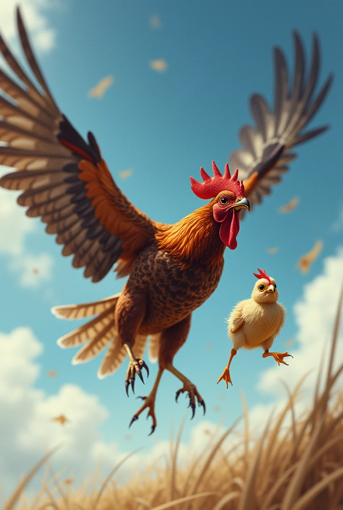 Here’s a prompt you can use in English:

"Create a dramatic poster showing a hen in its final effort, flying through the sky, desperately chasing a hawk that has just snatched one of her chicks. The scene should capture the intensity of the chase, with the hen looking determined and the hawk flying swiftly with the chick in its talons. The background should depict a vast sky with a sense of urgency and struggle."