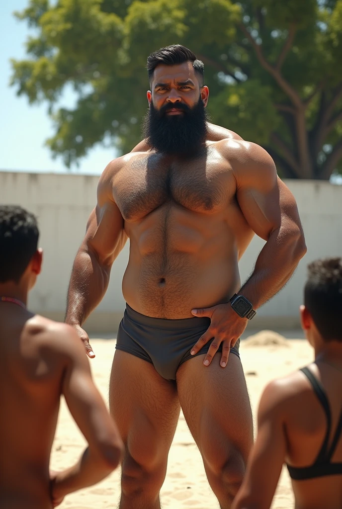 Big hairy bearded strong muscular Puerto Rican teacher in underwear with hand on crotch, on a sandy ground with white walls and a large tree in the background. Boys around watching.