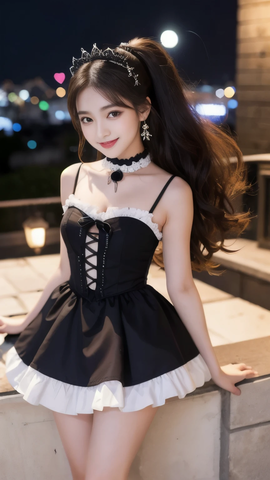 masterpiece, best quality, ultra-detailed, High angle, ((full body)), (from below), (real), (wearing Maid's uniform, Gothic , open chest), against the backdrop of a metropolitan city's, nighttime, image of an elegant woman, 20-year-old woman, (ponytail), long hair, black hair, a slightly rounded and adorable face, round eyes, youthful eyes, friendly eyes, cheerful eyes, welcoming eyes, double eyelid eyes, captivating gaze, blush, shy smile, straight teeth, heart earrings, armpit, 4 finger+1 thumb, with a blurred and soft background