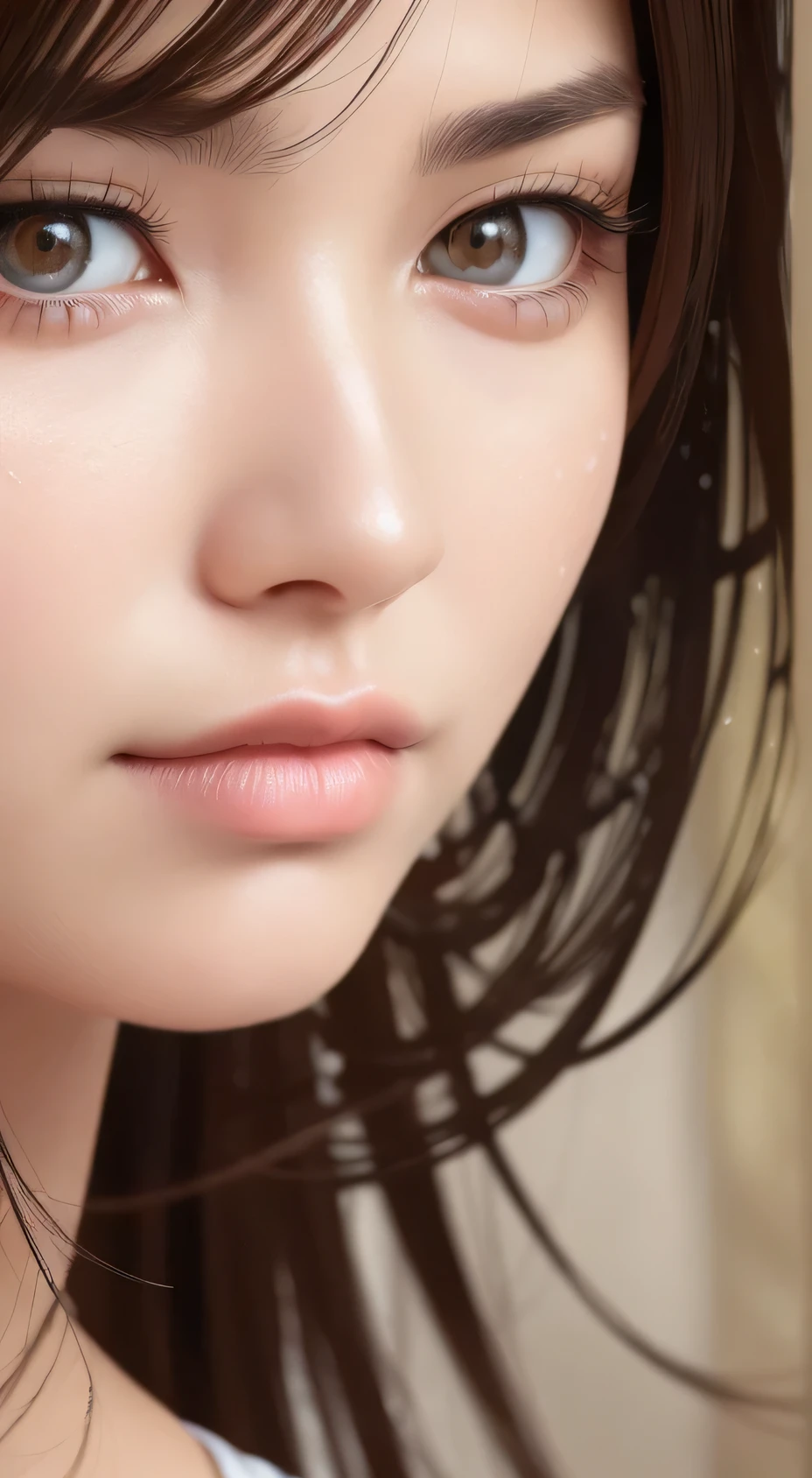(Absurd, High resolution, Super detailed), 1 female、Intricate details, Zoomed in texture, Intricate details, 1、Detailed eyes and face, Intricate details, Brown Hair, (Mouth closed), Perfect Eyes, Make eye contact, Short clothes, Sweaty skin