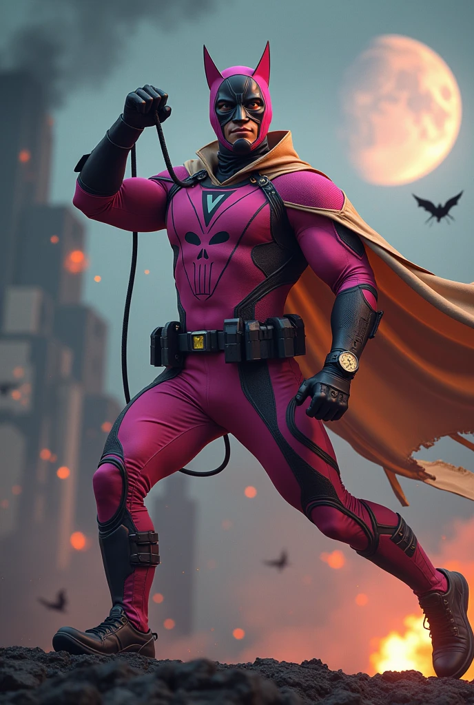 Malaysia man in high-tech suit, vivid effects, malaysian superhero (KELUANG MAN) in a striking pink and beige costume cyberpunk design, mask small mini bat ear beige,(( daredevil beige mask)), jumpsuit dark pink stands confidently in a dramatic.jumping from high place.hero costume.one hand rise up. Big triangle logo on the chest((open cape, beige cape)).high detail Punisher logo on the chest. Fighting pose , stormy landscape. ((Head covered node guard like batman. Running pose , athletic body type, small mini ear bat mask))The character wears domino mask a helmet with pointed mini torn ears and a flowing cape biege, open nose and mouth. Equipped with visible futuristic weapons on a belt,bullet proof jacket pink dark day.show fingers pose, dark night, big supermoon effect . Small logo on chest triangle shape small punisher logo center(( skull triangle Casey Jones mask shape logo)) center on chest pink logo mini logo . rocky. Building top.smoke ground , hand fired with gun , bomb effect background, losse pants, losses costume.adding to --ar 3:4 --style raw --stylize 500 --v 6.1. chaos. Lot of small flying bat. One leg on the high stone. Man, exoskeleton wing hologram. Wear hologram watch.. Real man age 40 year old. One hand holding belt.one hand holding black rope hanging on building. Big pant pink. Beige cape joodie.(( Loose pant)) , jump on high building)marvel , X-Men((. Hand holding two gun.)