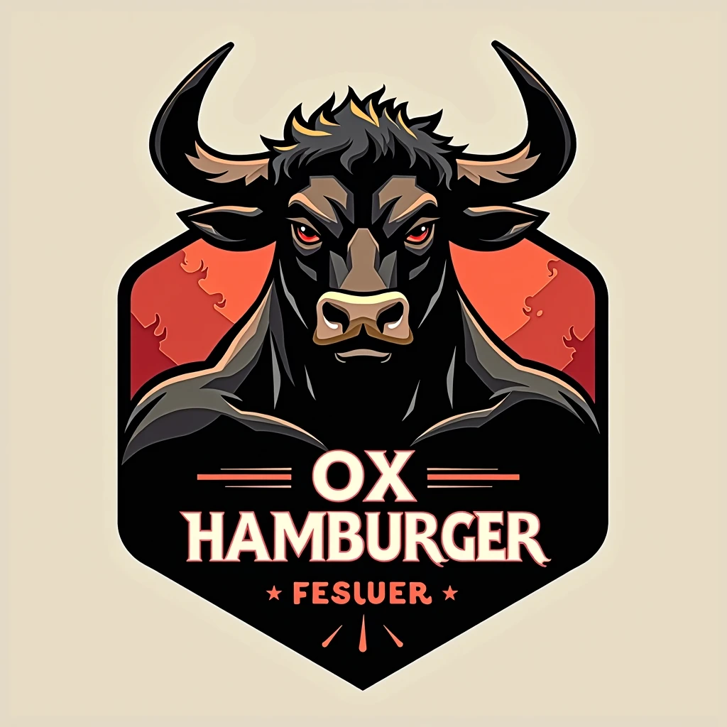 A logo, for a fast food chain, who works with hamburgers, your mascot is an ox, the primary colors are black and red
