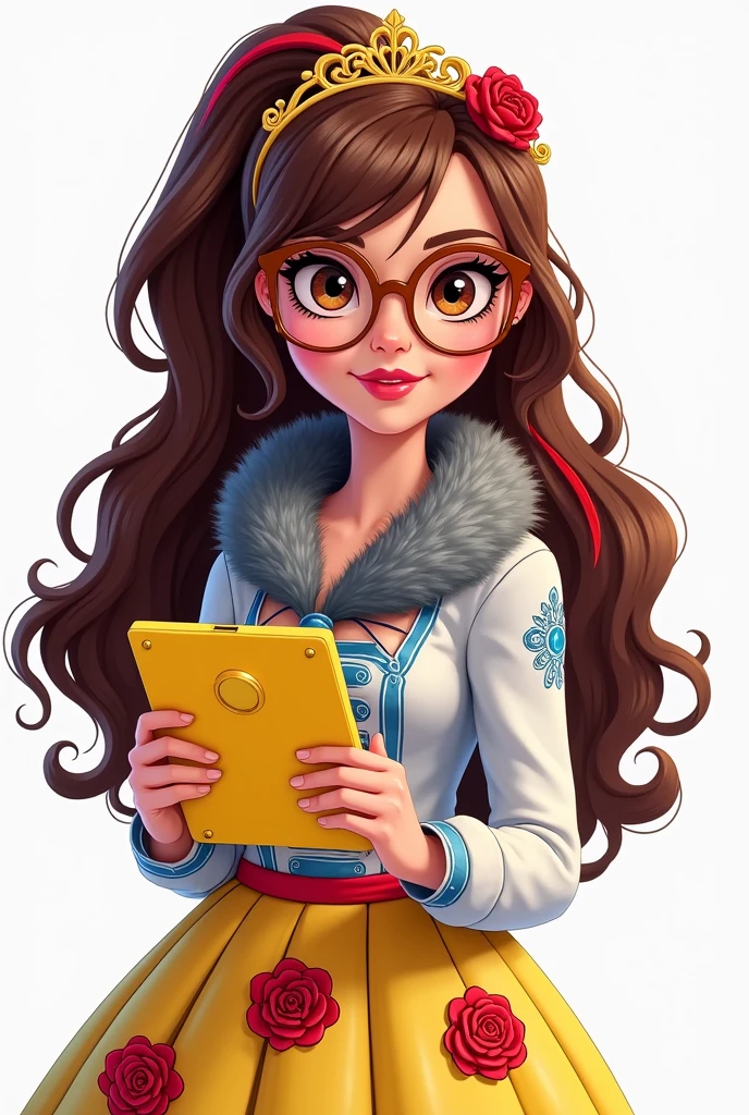 Imagem da filha da Ramona Badwof e da Rosabella Beauty de Ever After High: Long wavy brown ponytail with red streaked bangs, first of all, light brown eyes, brown glasses with a red rose, white blouse with blue, with roses on the blouse and sleeves and a wolf drawn, yellow skirt with golden roses, a faux fur collar around the neck of gray color, golden flower tiara on head, You have to be holding a yellow tablet with red roses in your hands, You have to have red highlights in your hair