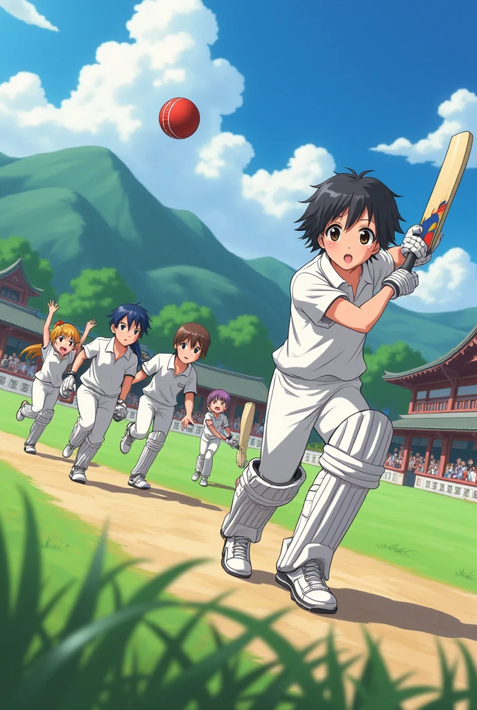Anime characters playing cricket