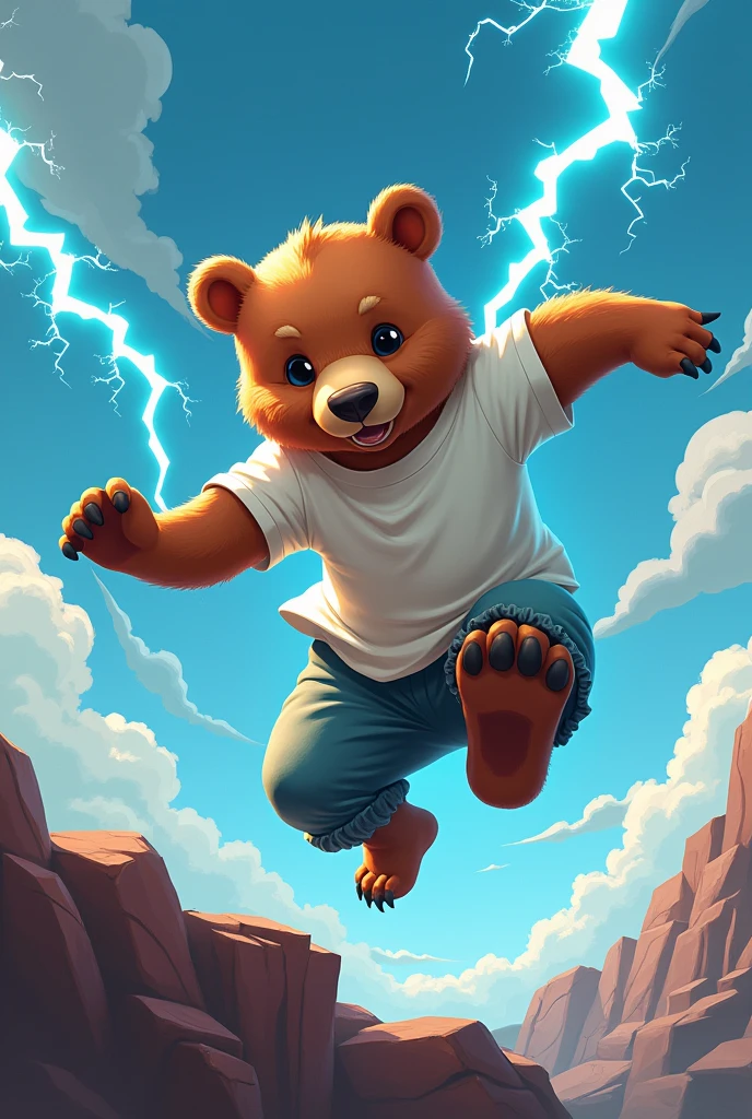 A bear doing parkour with lightning elements. The bear&#39;s image should be cute and cool, not fierce, with strong lines. Some bears wear white T-shirts. The bear&#39;s movements are very tense. 