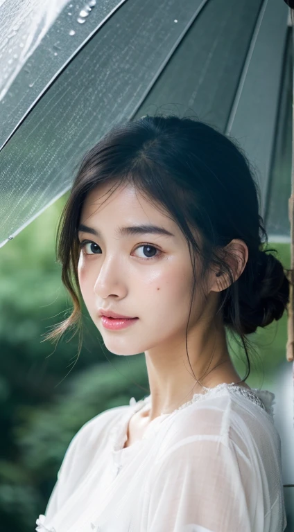 Beautiful Face, Highest quality,Ultra-high natural light, Glowing Skin,Detailed skin,Detailed face,Detailed eyes, Beautiful Japan, Deep in the forest, (fog:1.2), rain, waterたまり, mist, water, downpour, Lots of trees, Full body portrait