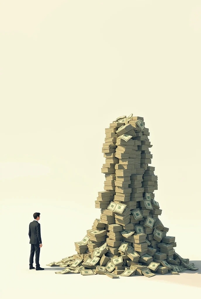 Show a small pile of money in left and very large pile of human needs in the right piled up in english. The needs or wants should be electricity, packaging, advertising, warehousing, insurance, machines and labour . There should be a large stack of wants or needs