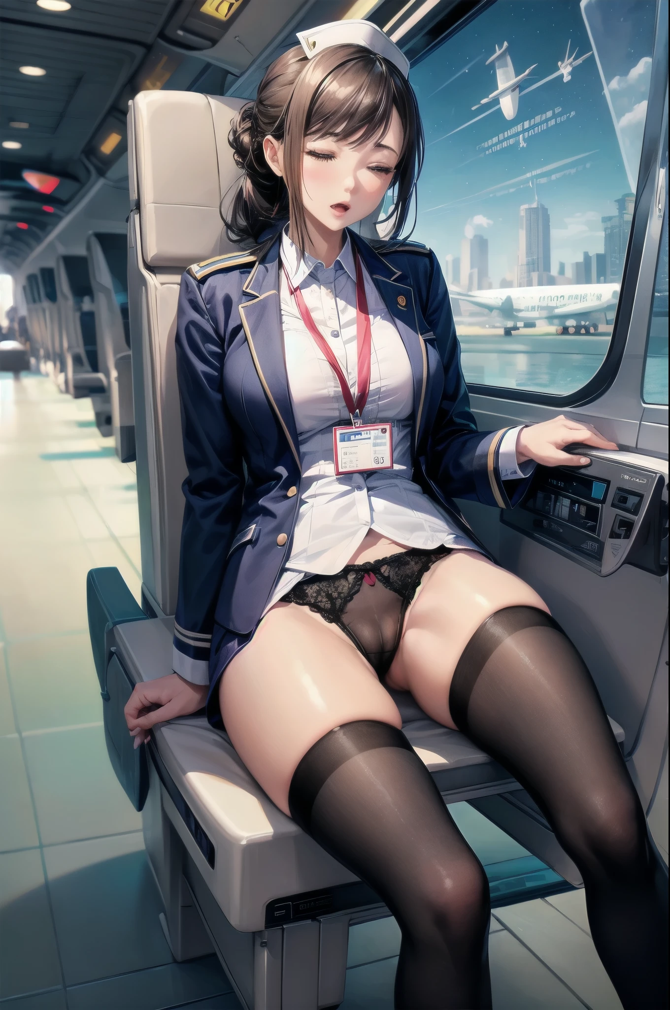 (((Flight attendant winter uniform))), The highest dignity, charisma, Ultra detailed face, Japanese, Droopy eyes, ((sleepy)), Old-fashioned beauty, Put your hair up, Thigh-high stockings, Nameplate, ID card, (whole body), Hit your groin on the edge of a chair, Leg spread, Lift your legs, Showing panties and pubic hair, Open your mouth, Airplane interior background, customer,