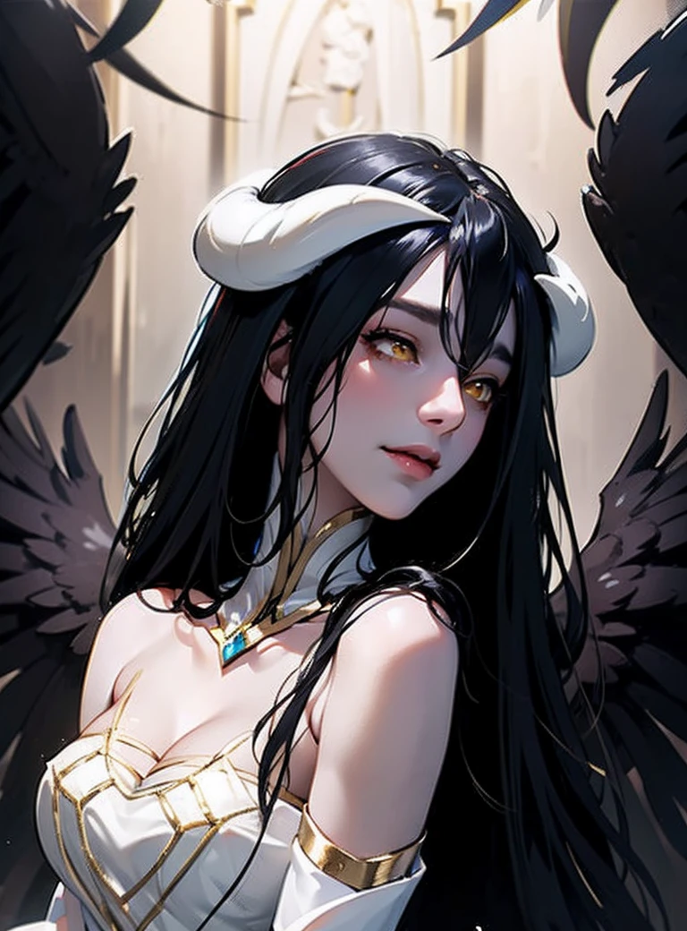 A demonic and seductive looking anime character, with black wings, long dark flowing hair, bright golden eyes, and curved horns like those of a ram. has pale skin, a mischievous smile and a playful and mysterious expression, holding a finger to his lips as if silencing someone. She wears a white dress with intricate detailing and gold accents, along with a blue gem on his chest. The scene is dramatically lit., with soft shadows that enhance her sharp features, as the background fades into darkness, adding an enigmatic and magical touch. The style is a mix of anime fantasy with intricate details, Capturing an intense portrait, close and dynamic