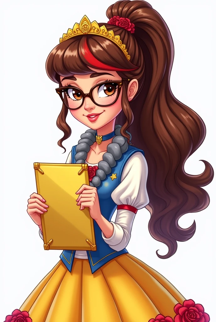 Imagem da filha da Ramona Badwof e da Rosabella Beauty de Ever After High: Long wavy brown ponytail with red streaked bangs, first of all, light brown eyes, brown glasses with a red rose, white blouse with blue, with roses on the blouse and sleeves and a wolf drawn, yellow skirt with golden roses, a faux fur collar around the neck of gray color, golden flower tiara on head, You have to be holding a yellow tablet with red roses in your hands, You have to have red highlights in your hair