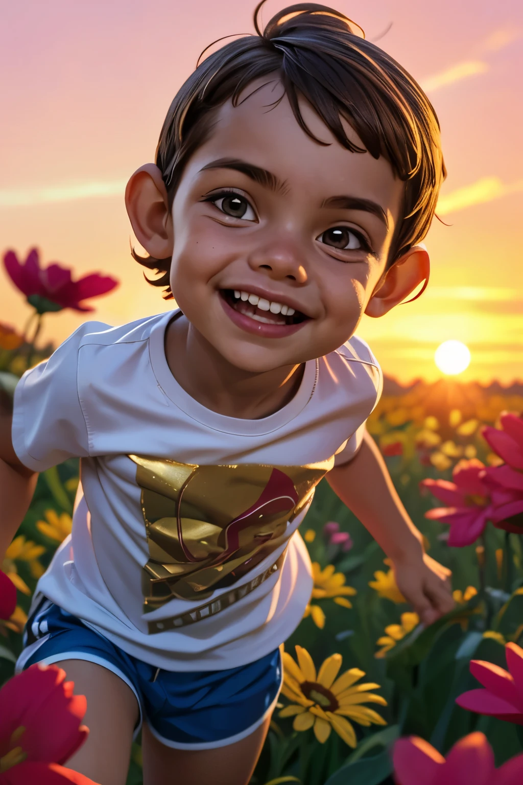 (((close-up face))). A joyful boy with short brown hair, 6yo, wearing a colorful t-shirt and shorts, running in a field of flowers during sunset, smiling happily, surrounded by blooming flowers, the golden light of the setting sun illuminating his face, capturing the essence of childhood and freedom, natural light, 35mm photograph, film, professional, 4k, highly detailed, Golden hour lighting. Depth of field F2. Rule of Thirds Composition. 