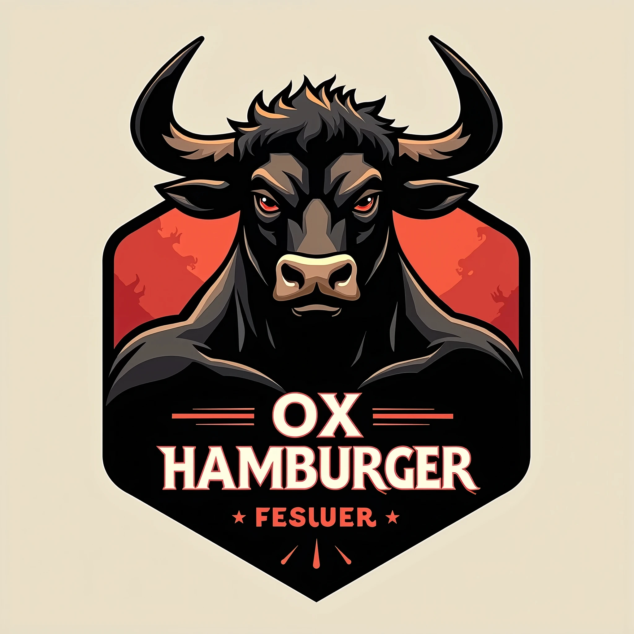 A logo, for a fast food chain, who works with hamburgers, your mascot is an ox, the primary colors are black and red





