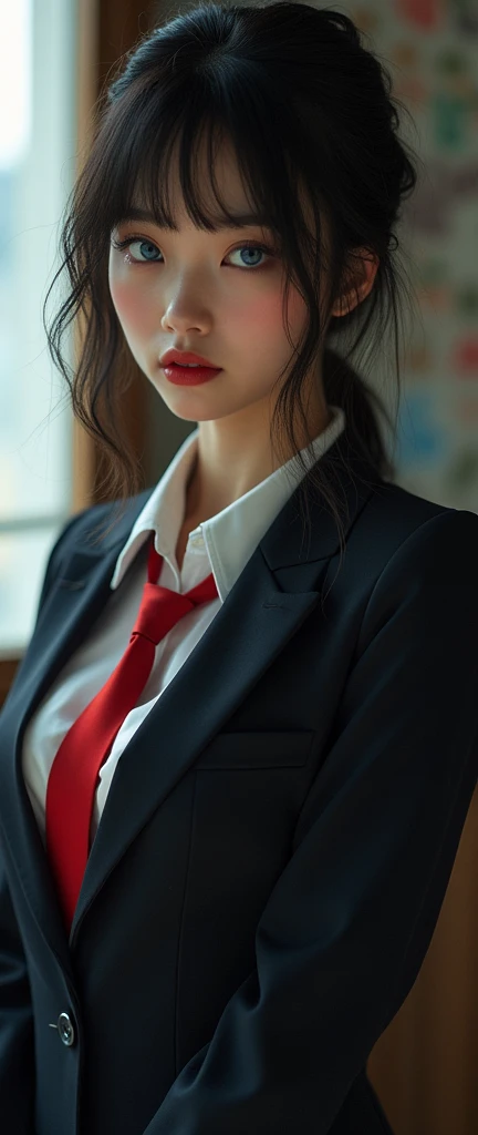 (32K:1.9, Highest quality, masterpiece, Ultra-high resolution), Perfect dynamic composition, Highly detailed skin and facial textures:1.3, Detailed eyes, Detailed limbs, Cute sexy slim Japanese schoolgirl, Fair skin, ((Clarity:1.1)), (A high school girl's blazer uniform with a red tie:1.3), (Huge breasts that are about to burst:1.0), (Cunning Smile:0.9, Totally captivates you:0.9), (Beautiful Blue Eyes, Beautiful, clear eyes:0.8), Sexy Face:0.4, blush:1.1, (A taste that exudes beautiful eroticism:0.8), Professional random camera work, Cinematic Lighting Effects, ((Full Body Shot)), ((Too erotic:0.9)) , romantic, mysterious, Object of admiration, original, dramatic, artistic, Innovative, charm, Heartful, Fancy, Tilt, sense of loss, special, exciting, Extreme, sense of openness, joy, joyの表現, ((若さのcharm, 女性的なcharm)), (((Douma from Demon Slayer is hitting me with a wall.:2.0)))
