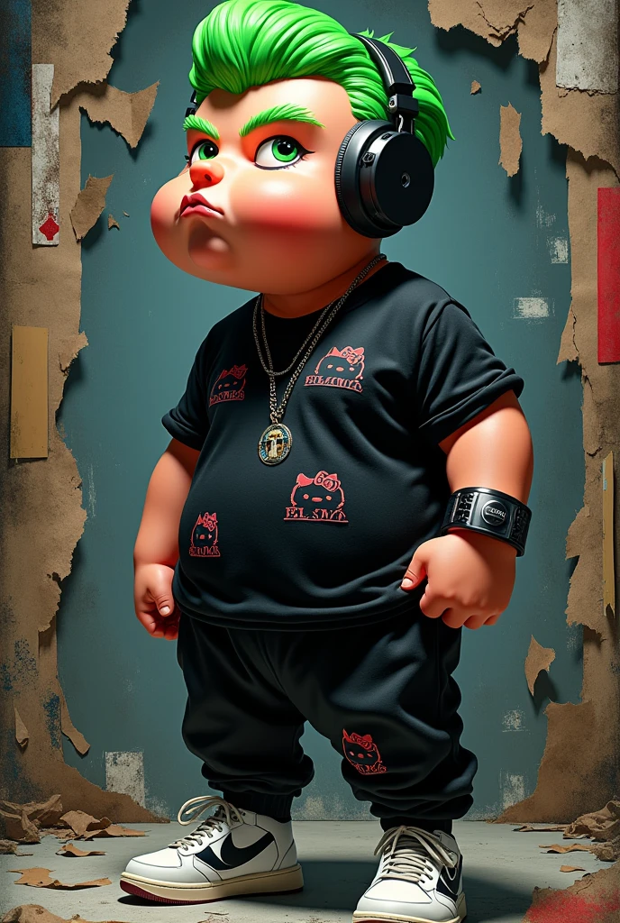 Realistic 4d caricature with a big head, a trendy anthropomorphic man in black street clothes, black "hello kitty", "bENZ", reflective black t-shirt, black pants, white shoes, black headphones and (black! lipgloss!), with green hair ,concentrated lifting a barbell.in a -ply collage style; dark art, stylish innovative street art, iconic portraits, torn paper, fragmented shapes, hyper-realism with intricate details, complementary colors, soft lighting, ultra-clear textures,uhd,16k