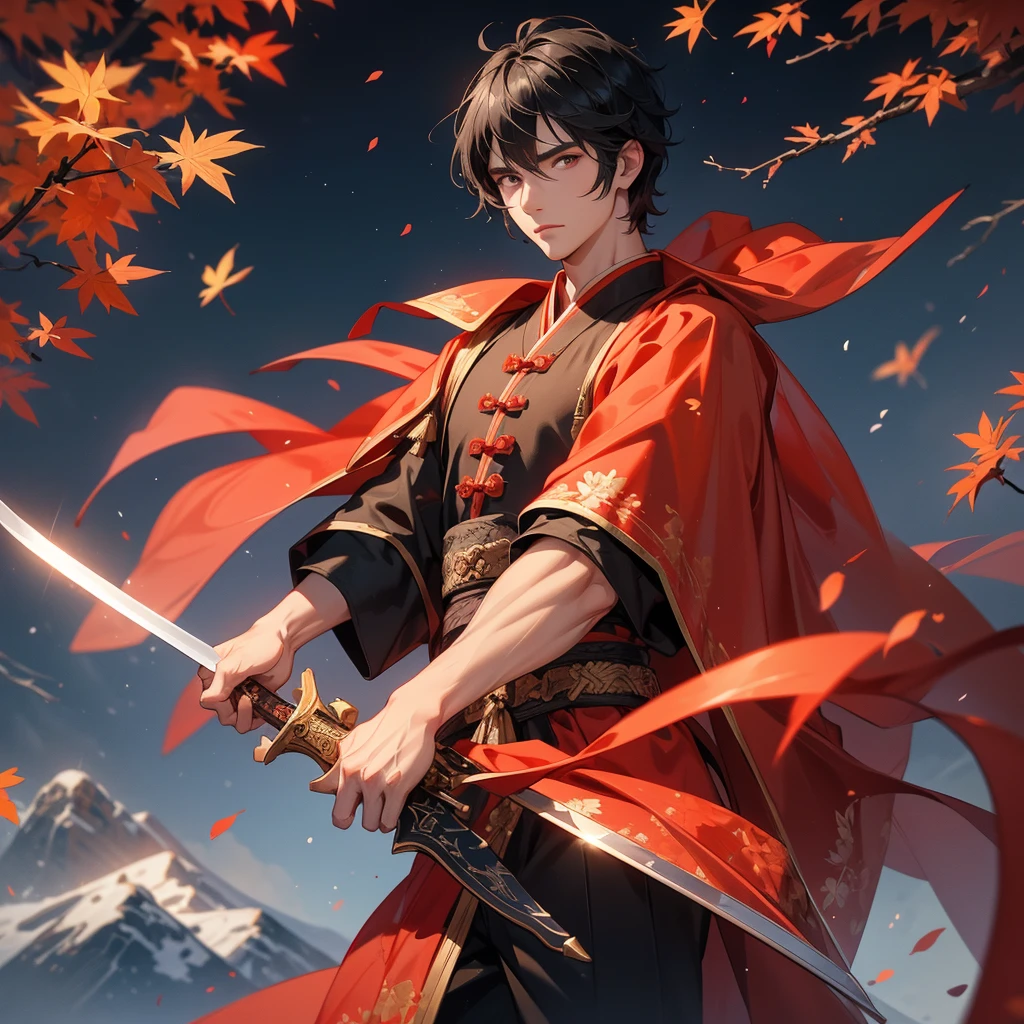 A Handsome black-haired male holding a large sword in ancient Chinese costume, the backdrop is a mountain that turns red in spring and maple leaves fall from the trees, close up.