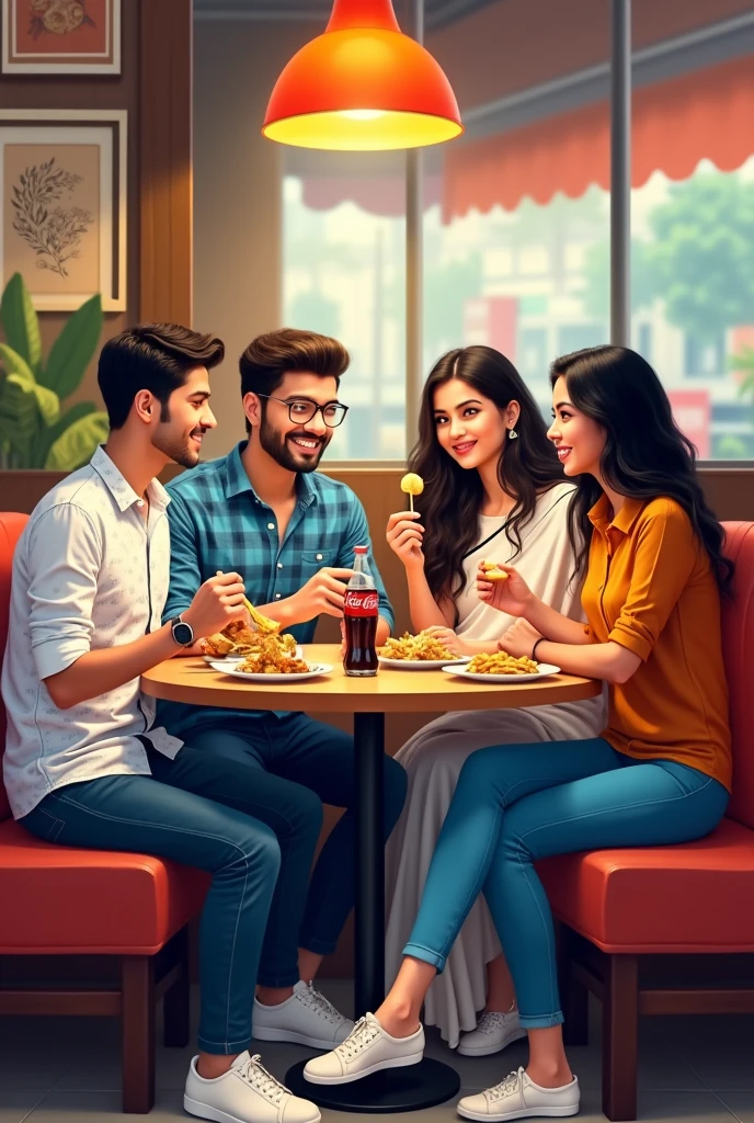 One young man is wearing a white printed shirt, jeans, smart watch and white shoes and another young man is wearing a blue checked shirt, jeans and specs, whereas a young woman is wearing a white Indian suit, black pallu, white shoes and specs and the other young woman is wearing a carrot colour top and jeans, all four people are sitting in a restaurant and eating momos, French fries and Coca Cola.
