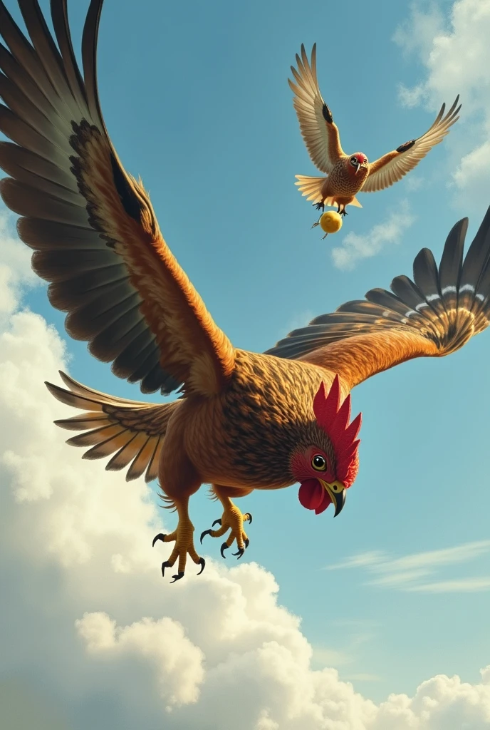Here’s a prompt you can use in English:
"Create a dramatic poster showing a hen in its final effort, flying through the sky, desperately chasing a hawk that has just snatched one of her chicks. The scene should capture the intensity of the chase, with the hen looking determined and the hawk flying swiftly with the chick in its talons. The background should depict a vast sky with a sense of urgency and struggle."